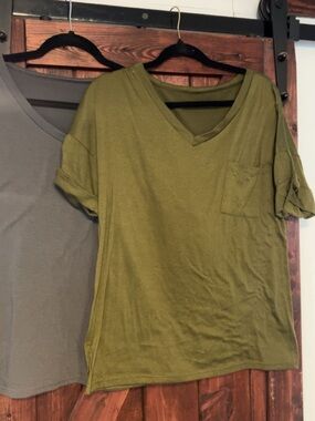 Olive Green, Grey & White V-Neck Pocket Tee